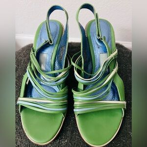 Tsubo Shoes Heels Slingback Sandals Women Size 8.5 Green/Blue Leather Retro